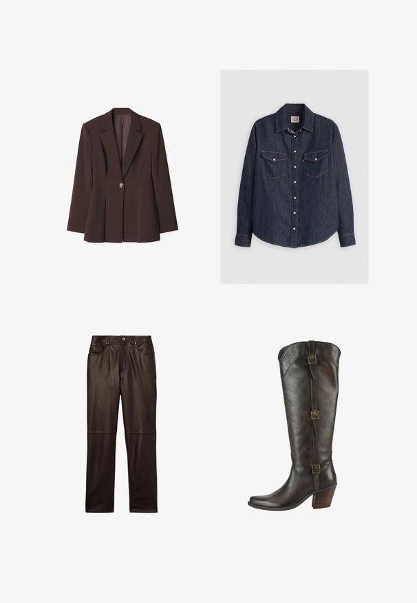 Bruine gestructureerde blazer met een enkele knoopsluiting, scherpe revers en unieke plooidetails aan de zoom. Soepele stofstructuur.; Donkerblauwe denim overhemd met lange mouwen, kraag met knopen aan de voorkant, twee borstzakken met kleppen en contrasterende gele stiksels.; Reiss VERONA REGULAR FIT - Leren broek - chocolate; Hoge donkerbruine leren laars met drie gespbanden en een gestapelde houten hak, zijaanzicht op een witte achtergrond.