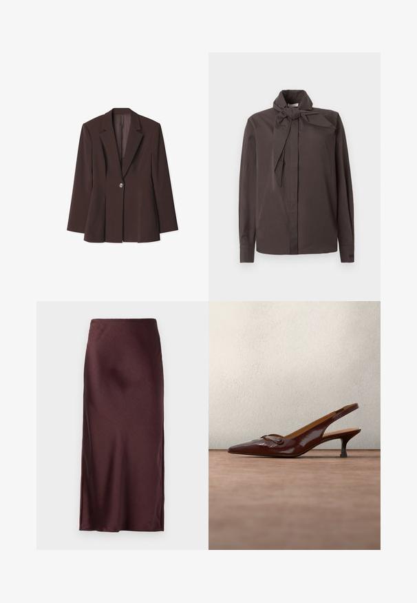 Brun struktureret blazer med en enkelt knaplukning, skarpe revers og unikke plissé detaljer ved kanten. Glat stoftekstur.; Mørkebrun skjorte lavet af glat stof, med en slipskrave og lange ærmer med knapmanchetter. Minimalistisk design, ingen mønstre.; Bordeaux satin maxiskørt med en glat tekstur, høj slids på den ene side og en elastisk talje. Enkel, lige linje design.; Mørkebrune slingback-pumps i laklæder med spids tå, lav lille hæl og lille dekorativ spænde på overdelen.