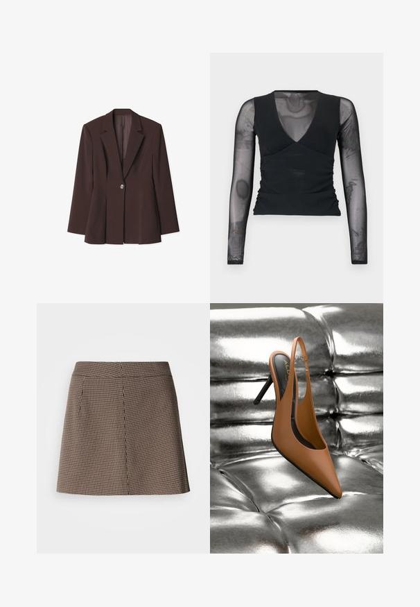 Brun struktureret blazer med en enkelt knaplukning, skarpe revers og unikke plissé detaljer ved kanten. Glat stoftekstur.; Sort langærmet top med gennemsigtige netærmer og V-hals, med rynket detalje omkring taljen og en tætsiddende silhuet.; Brun og sort hundetand mønster mini nederdel med lige pasform og foran sømdetalje på hvid baggrund.; Brun slingback højhælssko med spids tå, lavet af glat læder, hvilende på en skinnende sølvfarvet overflade. Har et minimalistisk design.