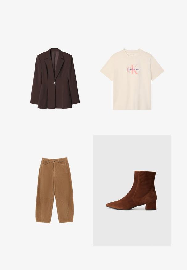 Brun struktureret blazer med en enkelt knaplukning, skarpe revers og unikke plissé detaljer ved kanten. Glat stoftekstur.; Beige T-shirt med korte ærmer og et lyserødt "cK"-logo samt teksten "Calvin Klein" trykt i marineblå på brystet.; Brune bredbenede bukser i kordfløjl med en tekstureret finish, der har to forlommer og en knaplukning ved linningen.; Brune ruskind ankelstøvler med spids tå og en kraftig firkantet hæl, der har en glat overflade og et minimalistisk design.