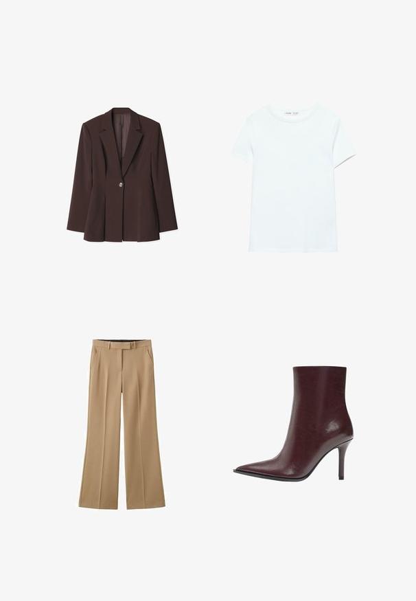 Bruine gestructureerde blazer met een enkele knoopsluiting, scherpe revers en unieke plooidetails aan de zoom. Soepele stofstructuur.; Effen wit katoenen T-shirt met korte mouwen en een ronde hals, plat gelegd op een witte achtergrond, zonder zichtbare patronen of logo's.; Beige broek met wijde pijpen, riemlussen, voorzakken en een verborgen ritssluiting aan de voorkant, afgebeeld op een witte achtergrond.; Enkellaarzen van bordeauxrood leer met een puntige neus en een slank silhouet, voorzien van een hoge naaldhak en een gladde textuur.