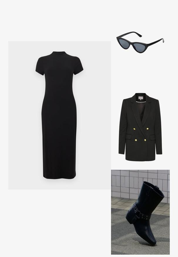 Schwarzer, doppelreihiger Blazer aus weichem Stoff, mit goldenen Knöpfen, gewölbten Revers, Fronttaschen und maßgeschneiderter Silhouette.; Schwarzes, geripptes T-Shirt-Kleid mit kurzen Ärmeln und hohem Ausschnitt. Eng anliegendes Design, das bis zur Mitte der Wade reicht, glatte Textur ohne Verzierungen.; Schwarzer Leder-Stiefelette mit spitz zulaufender Zehenpartie, Schnallenriemen mit silberfarbenen Nieten und klobigem Absatz. Glatte Textur mit minimalistischem Design.; Schwarze Cat-Eye-Sonnenbrille mit dunkelgrauen Gläsern, schlankem Kunststoffrahmen, spitzen Ecken und geraden Bügeln. Keine sichtbaren Befestigungen oder Akzente.