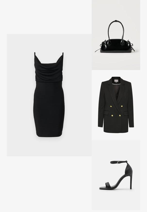 Zwarte dubbelzijdige blazer van zachte stof, met gouden knopen, piek-uitsneden, voorzakken en een getailleerd silhouet.; Zwarte mouwloze bodycon-jurk tot op de knie met geplooide, draperie halslijn en nauwsluitend silhouet tegen een effen achtergrond.; Zwarte sandalen met hoge hakken, met een slank ontwerp, voorzien van een enkelbandje, open teen en een gladde leren textuur.; Kleine zwarte glanzende handtas met twee lange hengsels en zijkant trekkoord details op een effen lichte achtergrond.
