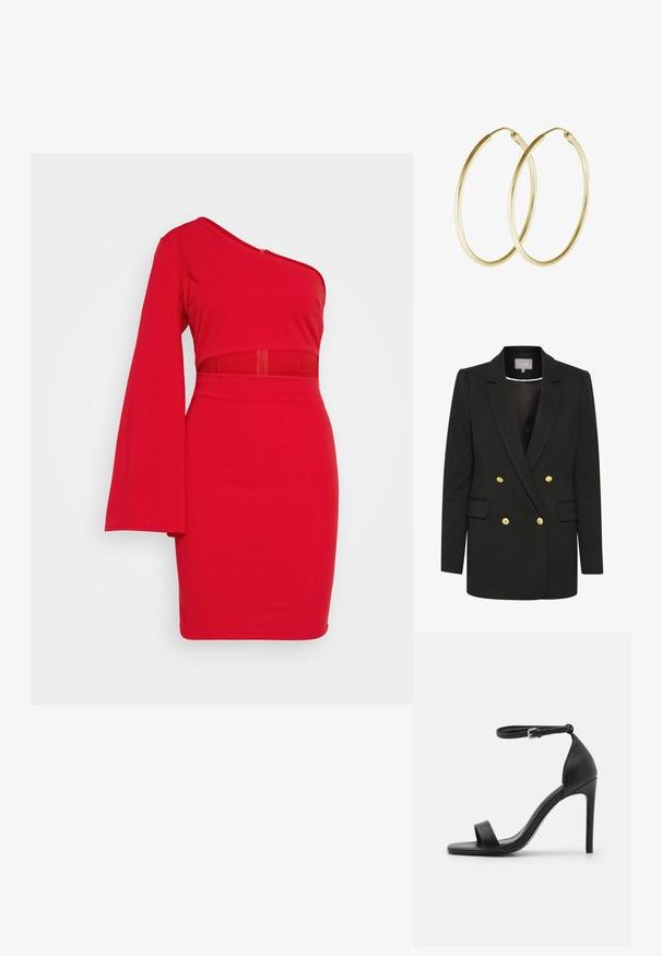 Schwarzer, doppelreihiger Blazer aus weichem Stoff, mit goldenen Knöpfen, gewölbten Revers, Fronttaschen und maßgeschneiderter Silhouette.; Rotes Ein-Schulter-Kleid aus glattem Stoff, mit einer figurnahen Silhouette, langen Ärmeln und einem transparenten Mittelteil. Essentielles und minimalistisches Design.; Schwarze hochhackige Sandale mit elegantem Design, featuring einem Knöchelriemen, offener Zehenpartie und glattem Lederfinish.; Goldene Creolen mit einem glatten, abgerundeten Design und einem glänzenden Finish. Leichte Bauweise mit einem sicheren Verschluss.
