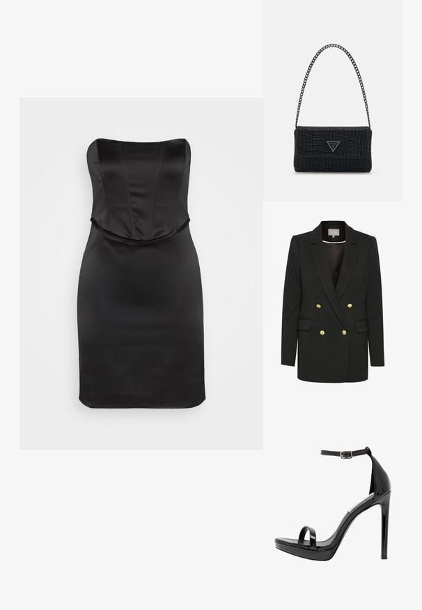 Blazer negro de corte doble con tejido suave, que presenta botones dorados, solapas pronunciadas, bolsillos frontales y una silueta entallada.; Gina Tricot CORSET DRESS - Vestido de cóctel - black; Steve Madden MILANO - Sandalias de tacón - black; Bolso de mano negro con perlas, con una superficie texturizada, que presenta una correa de cadena y una placa de logotipo triangular en la parte frontal. Forma rectangular compacta.