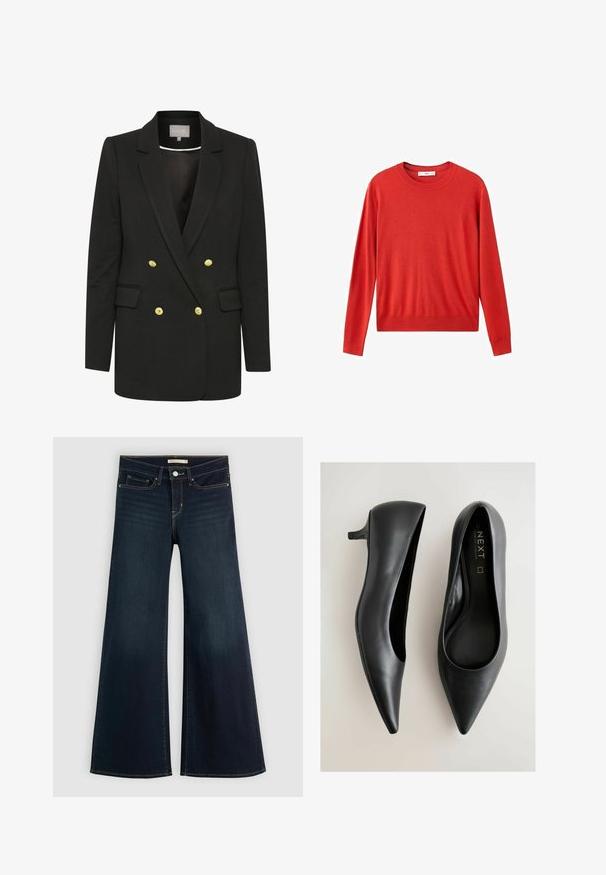 Sort dobbeltradet blazer lavet af blødt stof, med guld knapper, spidse klapper, frontlommer og en skræddersyet silhuet.; Rød langærmet crewneck sweater med ribbede manchetter og kant, præsenteret fladt på en hvid baggrund.; Bredde ben mørkeblå denim jeans. Har høj talje, klassisk fem-lomme design og kontrasterende syninger langs sømmene.; Sorte lædersko med spids snude og lav hæl. Glat tekstur med et slankt design, der har en rundet åbning ved tåen og siden.