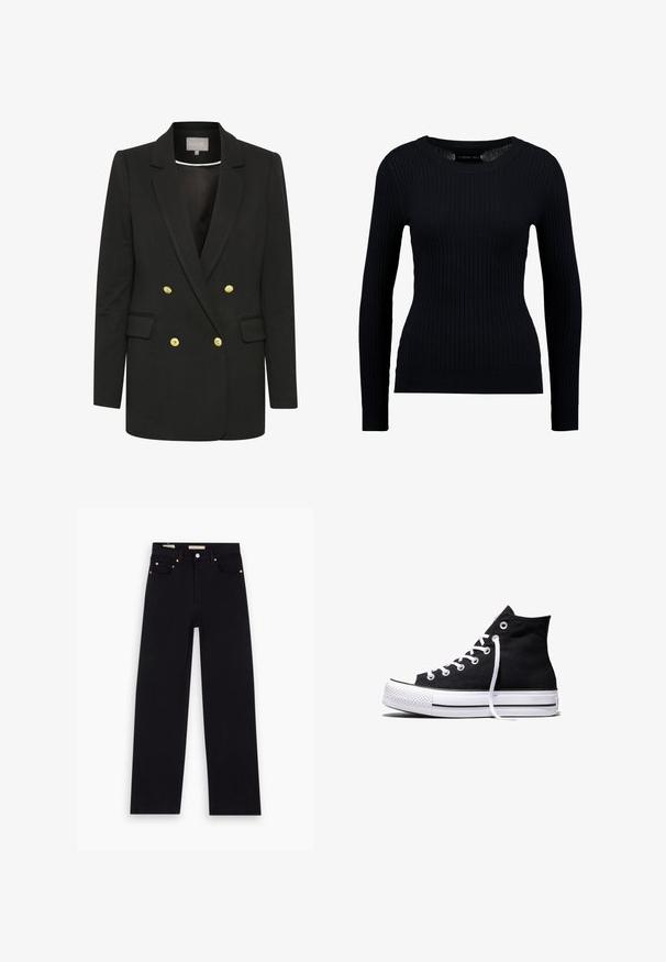 Zwarte dubbelzijdige blazer van zachte stof, met gouden knopen, piek-uitsneden, voorzakken en een getailleerd silhouet.; Zwarte geribbelde trui met lange mouwen, ronde halslijn en aansluitende pasvorm. De textuur is glad met een subtiele rek.; Zwarte denim jeans met een recht model, vijf zakken, koperen hardware en een gladde textuur. Twee labels zichtbaar op de tailleband.; Zwarte hooggesloten canvas sneaker met witte rubberen zool en witte veters, zijwaarts weergegeven op een witte achtergrond.