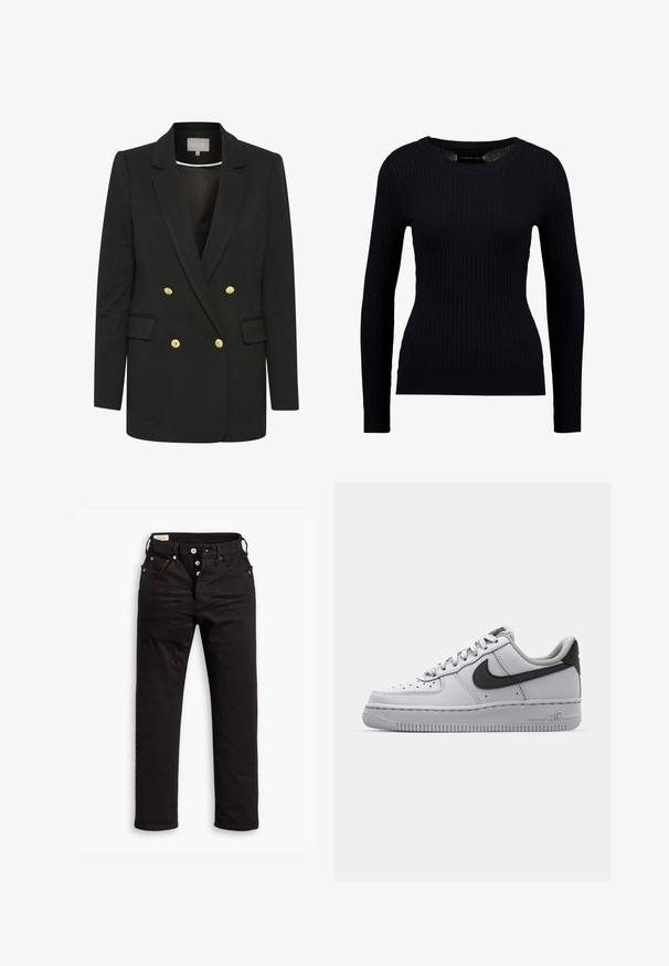 Schwarzer, doppelreihiger Blazer aus weichem Stoff, mit goldenen Knöpfen, gewölbten Revers, Fronttaschen und maßgeschneiderter Silhouette.; Schwarzer, gerippter Langarmpullover mit rundem Halsausschnitt und taillierter Silhouette. Die Textur ist glatt mit einem dezenten Stretch.; Schwarze Straight-Leg-Jeans mit Knopfverschluss, Vorder- und Gesäßtaschen sowie Kupfennieten auf einem weißen Hintergrund.; Weißes Leder-Sneaker mit grauen Akzenten, runde Zehenpartie, strukturierte Oberfläche, gepolsterter Kragen und kontrastierendes schwarzes Swoosh-Logo. Luftgepolsterte Sohle.