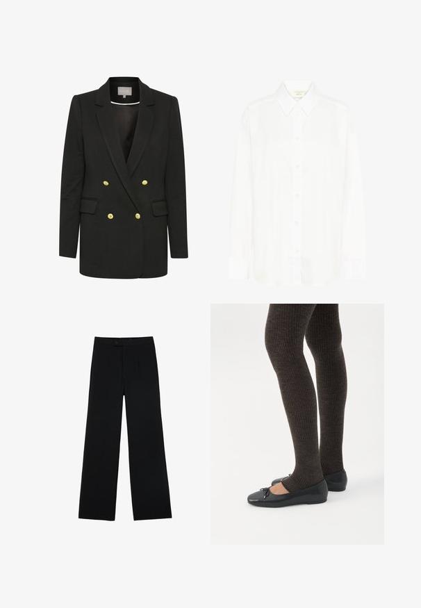 Zwarte dubbelzijdige blazer van zachte stof, met gouden knopen, piek-uitsneden, voorzakken en een getailleerd silhouet.; Witte blouse met lange mouwen, knoopsluiting voor, een klassieke kraag en een reguliere pasvorm. Gemaakt van gladde stof, met acht knopen aan de voorkant.; Zwarte wijde broek van gladde stof, met een ritssluiting aan de voorkant en twee plooien voor extra detail. Over het geheel een nauwkeurige pasvorm.; Benen met donkere geribbelde leggings gecombineerd met zwarte ballerina's met kleine strikdetails op een witte achtergrond.