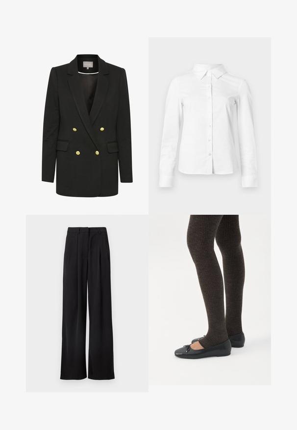 Blazer negro de corte doble con tejido suave, que presenta botones dorados, solapas pronunciadas, bolsillos frontales y una silueta entallada.; Camisa blanca de manga larga con botones, cuello puntiagudo, bajo recto y silueta ajustada, presentada sobre un fondo claro y liso.; Pantalones negros de pierna ancha con pliegues, cintura entallada y bolsillos laterales. Tela suave con una silueta limpia y continua.; Piernas con leggings oscuros acanalados combinados con bailarinas negras que presentan pequeños detalles de lazo sobre un fondo blanco.
