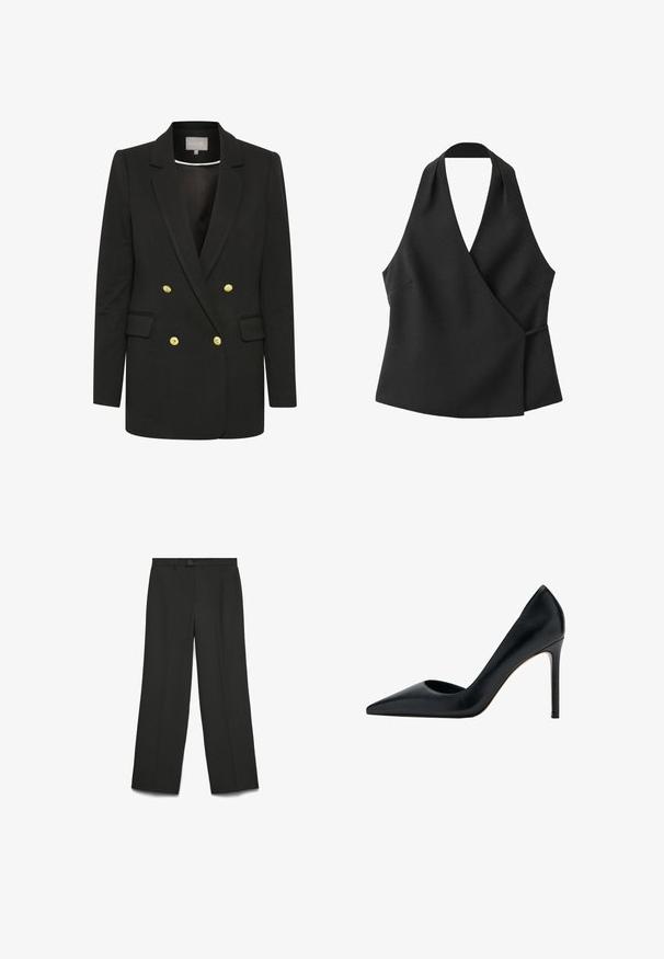 Blazer negro de corte doble con tejido suave, que presenta botones dorados, solapas pronunciadas, bolsillos frontales y una silueta entallada.; Top negro sin mangas cruzado con escote halter y detalle de lazo lateral sobre fondo blanco.; Pantalones de pierna ancha negros, hechos de tela suave; cuentan con un cierre de botón, parte delantera plana y dos bolsillos laterales. Diseño ajustado, sin patrones.; Zapato de tacón alto negro con punta afilada y tacón de aguja, acabado en cuero liso, mostrado de perfil sobre fondo blanco.