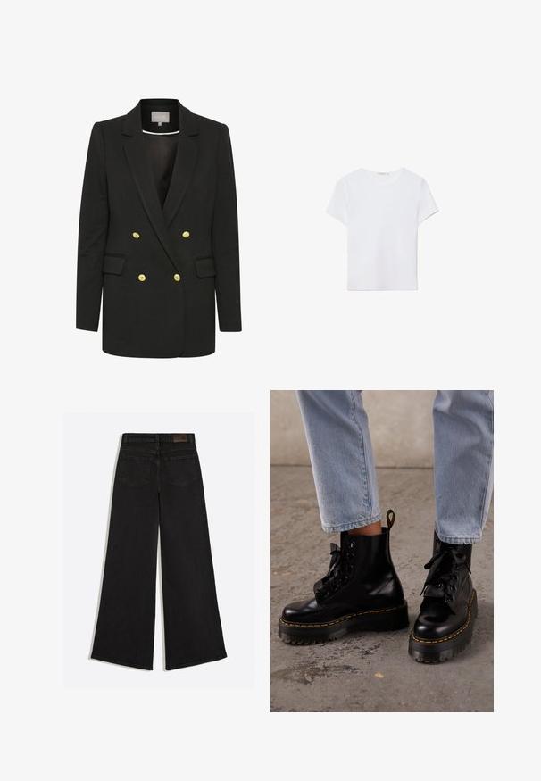 Schwarzer, doppelreihiger Blazer aus weichem Stoff, mit goldenen Knöpfen, gewölbten Revers, Fronttaschen und maßgeschneiderter Silhouette.; Weißes kurzärmliges T-Shirt aus weichem Stoff. Hat einen runden Halsausschnitt und ein einfaches, sauberes Design mit geradem Saum.; Schwarze Jeans mit weitem Bein, von hinten gezeigt, mit zwei Gesäßtaschen und Gürtelschlaufen am Bund.; Person trägt hellblaue Jeans und schwarze Leder-Schnür-Plateaustiefel mit gelber Naht auf einem Betonboden.