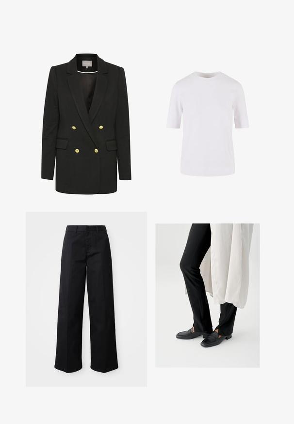 Zwarte dubbelzijdige blazer van zachte stof, met gouden knopen, piek-uitsneden, voorzakken en een getailleerd silhouet.; Witte T-shirt met korte mouwen, gemaakt van gladde katoen. Voorzien van een ronde halslijn en een rechte snit, zonder patronen of versieringen.; Zwarte wijde broek van zacht katoen. Voorzien van een klassieke tailleband, zijzakken en een rechte snit naar de zoom.; Zwarte leren loafers met een vierkante neus en lage blokhak, gecombineerd met zwarte nauwsluitende broek en een vloeiende witte buitenlaag.