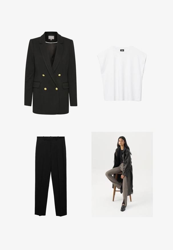 Blazer noir croisé en tissu doux, avec des boutons dorés, des revers pointus, des poches avant et une silhouette cintrée.; Haut court blanc sans manches à encolure ronde avec épaules larges et étiquette noire "B6" à l'intérieur du col.; Pantalons noirs ajustés avec une coupe droite, présentant des plis sur le devant, une texture lisse et une taille standard avec passants de ceinture.; Manteau trench en cuir noir avec des boutons et une ceinture, associé à un pantalon ajusté marron clair et des mocassins noirs, assis sur un tabouret en bois.
