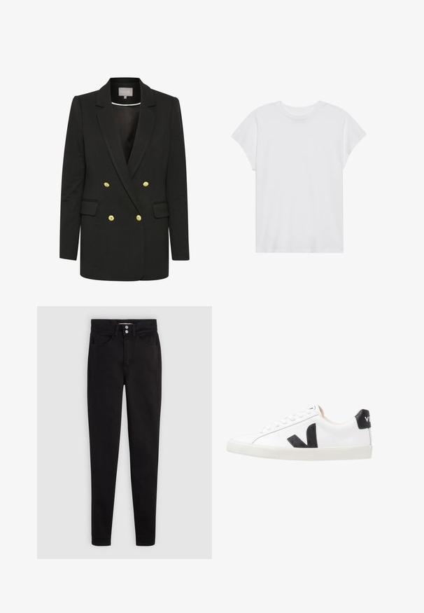 Blazer negro de corte doble con tejido suave, que presenta botones dorados, solapas pronunciadas, bolsillos frontales y una silueta entallada.; Camiseta blanca de manga corta con cuello redondo, corte relajado, hecha de suave tela de algodón. Textura lisa, sin estampados ni logotipos.; Vaqueros negros de algodón con corte slim, que cuentan con cierre de botones, diseño de cinco bolsillos y sutiles detalles de costura.; Zapatilla blanca con un logo en V negro, con una parte superior de cuero liso, puntera redonda, cierre de cordones y una lengüeta en el talón de color negro en contraste.