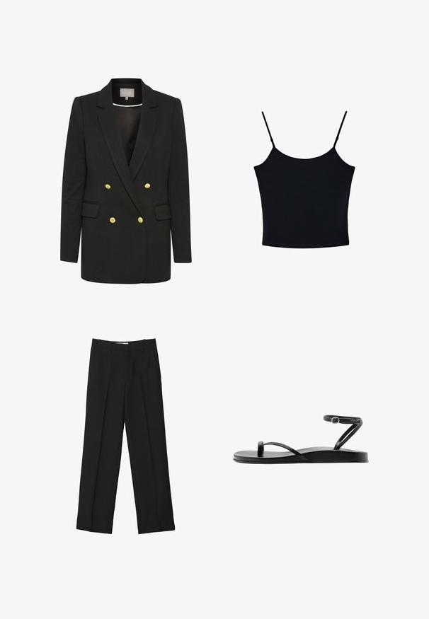 Schwarzer, doppelreihiger Blazer aus weichem Stoff, mit goldenen Knöpfen, gewölbten Revers, Fronttaschen und maßgeschneiderter Silhouette.; Stradivarius TOP - Top - black; Schwarze maßgeschneiderte Hosen mit geradem Bein, doppelten Falten, glatter Textur und dezenten Vordernahtdetails.; Schwarze flache Sandale mit dünnen Riemen, Zehenschlaufe und Knöchelriemen mit kleiner runder Schnalle, im Seitenprofil dargestellt.