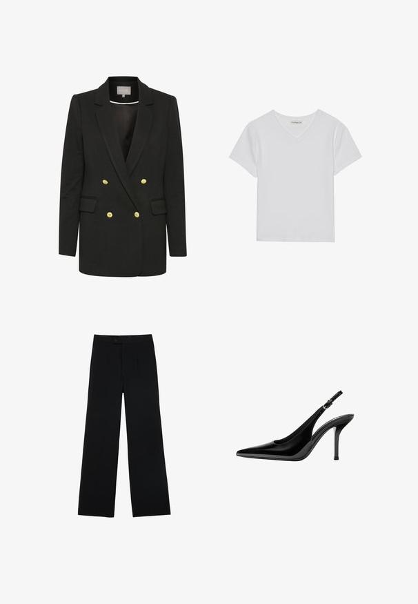 Zwarte dubbelzijdige blazer van zachte stof, met gouden knopen, piek-uitsneden, voorzakken en een getailleerd silhouet.; Witte T-shirt met korte mouwen en V-hals, gemaakt van ribbelstof. Heeft een strakke ontwerp met een rechte zoom en minimale details.; Zwarte wijde broek van gladde stof, met een ritssluiting aan de voorkant en twee plooien voor extra detail. Over het geheel een nauwkeurige pasvorm.; Zwarte lakleren slingback pumps met hoge hak, spits toelopende neus en verstelbare gespsluiting op witte achtergrond.