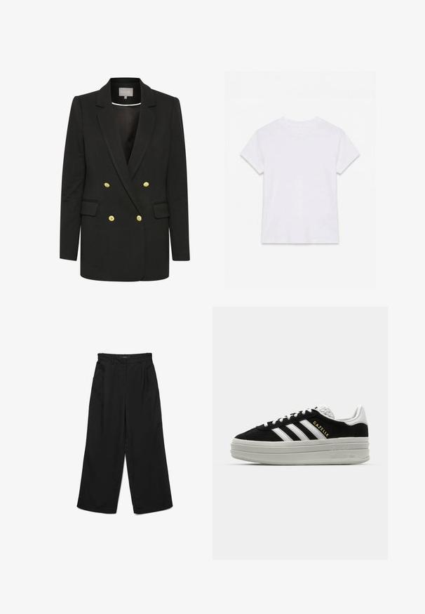 Blazer negro de corte doble con tejido suave, que presenta botones dorados, solapas pronunciadas, bolsillos frontales y una silueta entallada.; Camiseta blanca lisa de algodón de manga corta y cuello redondo, colocada plana sobre un fondo blanco.; Pantalones negros de pierna ancha con frente plano, dos pliegues y bolsillos laterales. Confeccionados en tela lisa con una cintura estructurada.; Zapatillas negras de ante con detalles en cuero blanco, tres rayas blancas, cordones planos y una gruesa suela de plataforma gris. Marca "Gazelle" en dorado.