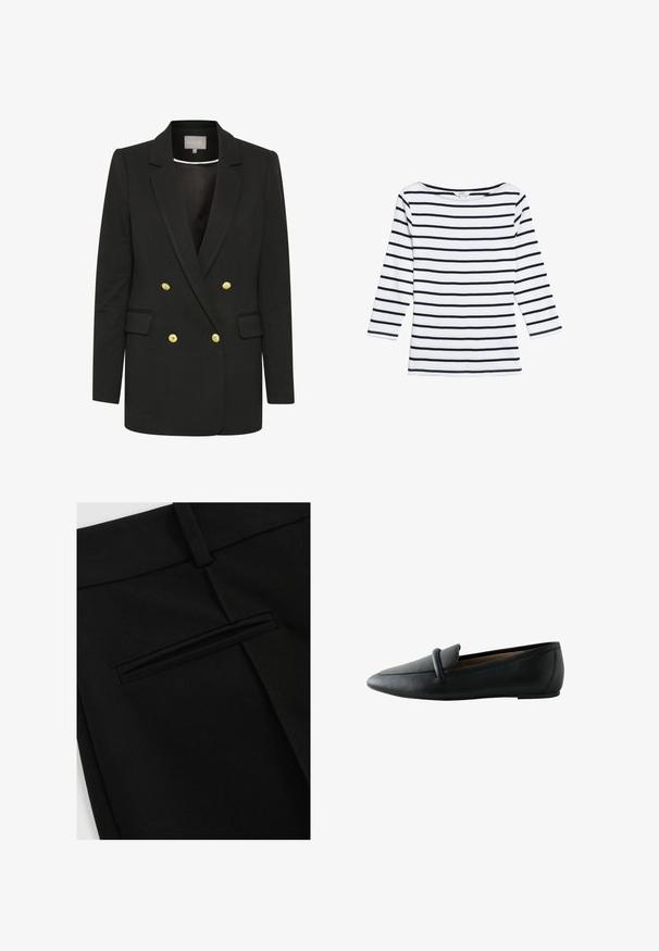 Sort dobbeltradet blazer lavet af blødt stof, med guld knapper, spidse klapper, frontlommer og en skræddersyet silhuet.; Marks & Spencer STRIPED SLASH NECK - Langærmet T-shirt - white mix; Sorte bukser lavet af glat stof, med et fladt design foran og en enkelt baglomme med en slidsåbning.; Sort læder flad loafer med rundet tå og remdetalje over overdelen, vist fra siden.