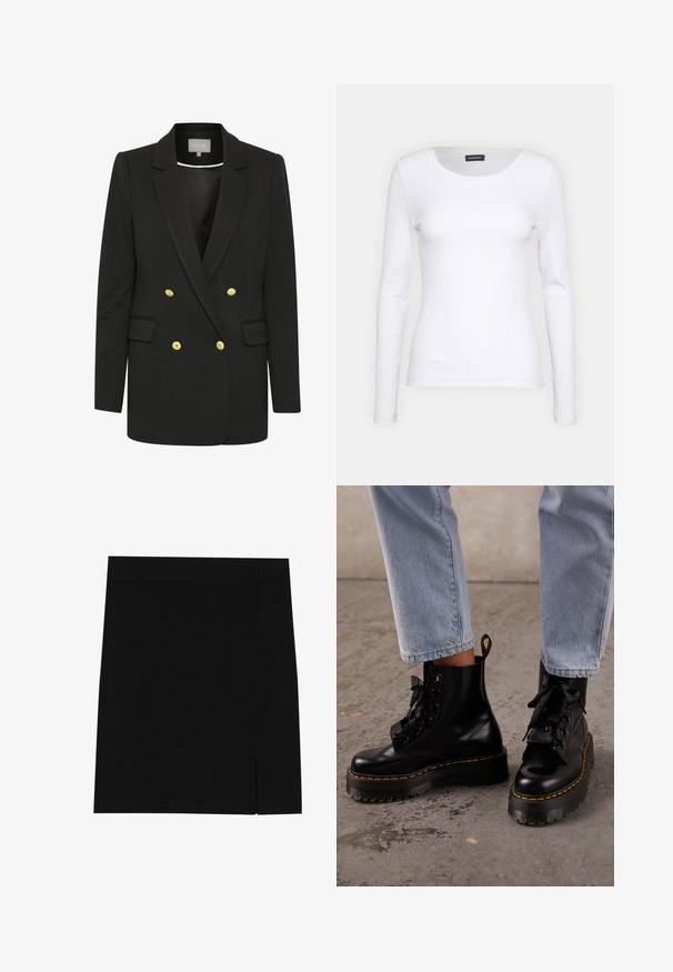 Blazer noir croisé en tissu doux, avec des boutons dorés, des revers pointus, des poches avant et une silhouette cintrée.; T-shirt à manches longues blanc côtelé avec un col rond. Fabriqué en un tissu extensible qui épouse le corps. Présente de fines lignes horizontales.; Mini-jupe noire en tissu doux avec une coupe ajustée, présentant une légère fente sur le côté pour plus de style.; Personne portant un jean bleu clair et des bottes à plateforme en cuir noir lacées avec des coutures jaunes sur un sol en béton.