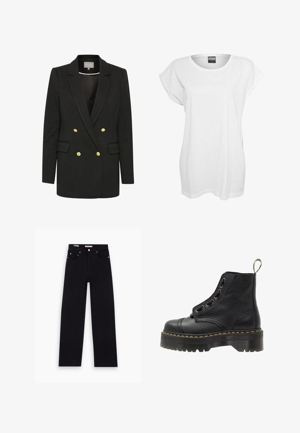 Blazer negro de corte doble con tejido suave, que presenta botones dorados, solapas pronunciadas, bolsillos frontales y una silueta entallada.; Camiseta blanca de manga corta hecha de algodón, con un corte relajado, cuello ancho y un diseño minimalista sin patrones ni adornos.; Jeans de mezclilla negros con corte recto, cinco bolsillos, herrajes de cobre y una textura suave. Dos etiquetas visibles en la cinturilla.; Botín negro de cuero con superficie texturizada, punta redonda, diseño de cordones, costuras amarillas y una gruesa suela de plataforma negra estriada.