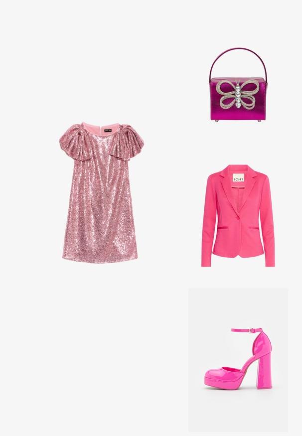 Rosa blazer med en tætsiddende design, med klassiske slag, enkelt knaplukning og to forlommer. Lavet af et glat, strækbart materiale.; Rosa paliet kjole med korte ærmer med flæser og rund hals, lagt fladt på en hvid baggrund.; Call it Spring ANABELLE - Plateaupumps - dark pink; Rosa metalisk håndtaske med en struktureret form, med et sommerfuglemotivet lavet af klare ædelsten og metalaccenter. Kort hank.