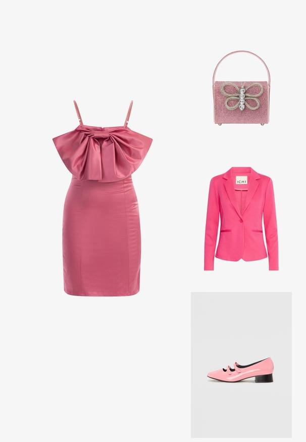 Rosa blazer med en tætsiddende design, med klassiske slag, enkelt knaplukning og to forlommer. Lavet af et glat, strækbart materiale.; Lyserød satin kjole med en flæse-detaljeret, struktureret overdel og justerbare stropper. Slim fit med en glat tekstur og en lige kant.; Rosa patenteret lædersko med spids tå og to dekorative remme. Har en sort lav blokhæl og en glat overfladetekstur.; Lyserød, glitrende taske med et fremtrædende sommerfugle-design og rhinestone-detaljer, rektangulær form og flad håndtag.