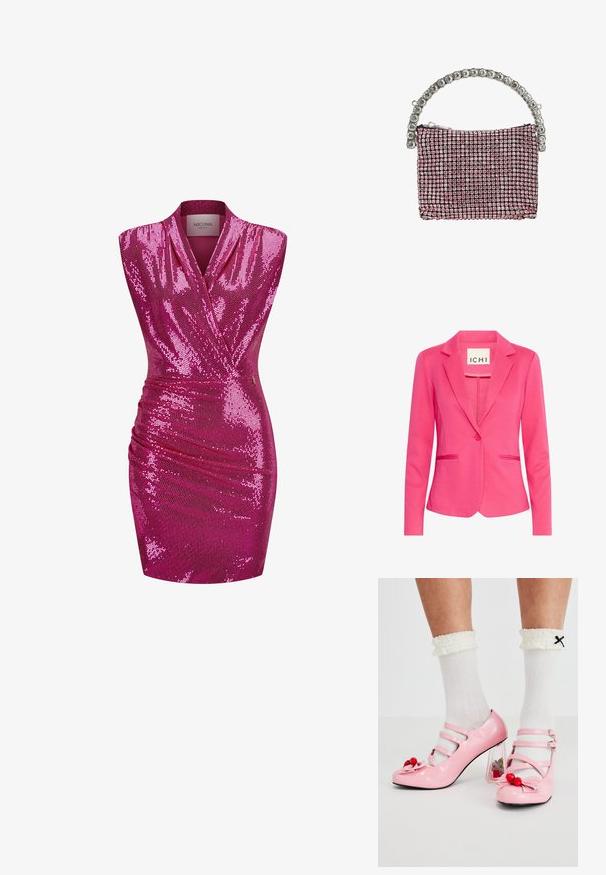 Rosa Blazer mit tailliertem Design, Reverskragen, einfacher Knopfverschluss und zwei Fronttaschen. Hergestellt aus einem glatten, dehnbaren Stoff.; Kurzes pinkes Paillettenkleid mit ärmellosem Design, einem Wickelausschnitt und Raffung an der Taille, das eine glatte, glänzende Textur aufweist.; Rosa Lacklederabsätze mit abgerundetem Zeh, drei Riemen und Kirschverzierungen. Transparenter Blockabsatz mit floralen Akzenten. Weiße gerippte Socken.; Kleine Handtasche, besetzt mit rosa Strasssteinen und einem gebogenen Griff aus großen klaren Edelsteinen.