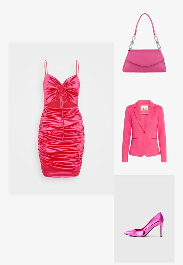 Rosa blazer med en tætsiddende design, med klassiske slag, enkelt knaplukning og to forlommer. Lavet af et glat, strækbart materiale.; WAL G. ELLE CUT OUT MINI - Cocktailkjole / festkjole - fuchsia; Skinny metallisk pink højhælet stilettosko med spids tå, præsenteret på en ensfarvet lys grå baggrund.; Pink læderhåndtaske med en struktureret klap og et enkelt håndtag med to sølv rhinsten bueformede vedhæng.
