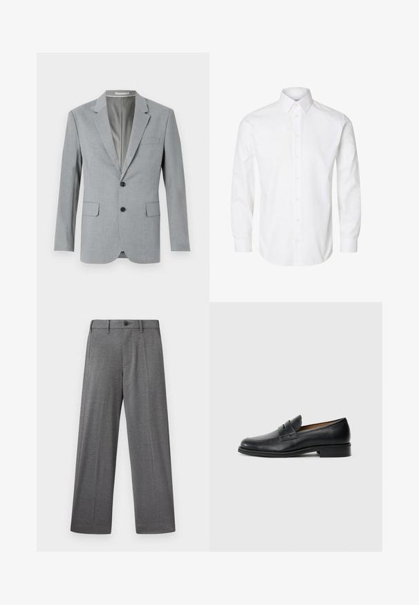 Blazer gris avec un tissu texturé, design à un bouton, revers crantés, deux poches avant et boutons noirs. Doublure intérieure.; Chemise blanche à manches longues avec boutons, col pointu, boutons visibles sur le devant et poignets fermés par des boutons.; Pantalon gris à jambes larges en tissu texturé, avec une fermeture à bouton, des poches latérales et des plis nets le long des jambes.; Mocassins en cuir noir avec un bout arrondi, présentant un détail de sangle à l'avant et un petit talon solide. Texture lisse et design épuré.