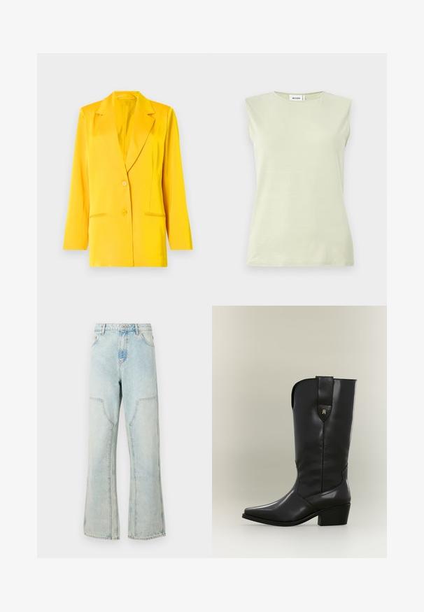 Blazer jaune en tissu lisse avec un col châle, deux poches avant et deux boutons pour la fermeture. Coupe ajustée, manches longues.; Débardeur vert clair sans manches avec un col rond. Confectionné dans un tissu doux, il présente une texture lisse et un design minimaliste.; Jean en denim bleu clair avec une coupe ample, des jambes larges et des poches avant à rabat. Il possède une fermeture à bouton et des passants de ceinture.; Botte de cow-boy haute en cuir noir avec bout pointu, talon épais et languette avec un petit logo doré.