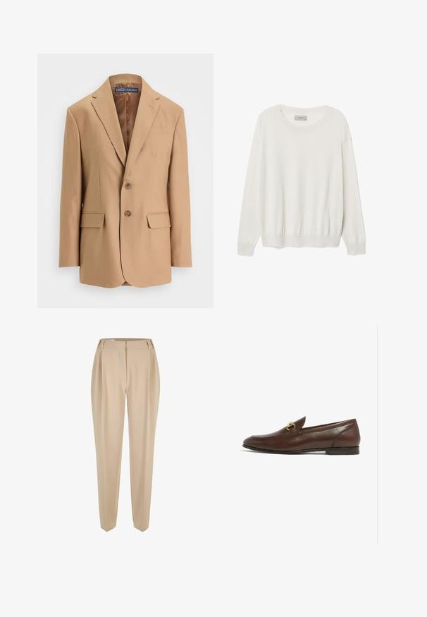 Beige Blazer aus glattem Stoff, mit einem einreihigen Design, zwei vorderen Taschen und zwei Knöpfen. Mit Reverskragen und klaren Linien.; Helle beige Strickjacke aus weichem Strickstoff. Sie verfügt über einen runden Ausschnitt, schulterlange Ärmel und einen elastischen Saum für eine lockere Passform.; Beige maßgeschneiderte Hose mit Gürtelschlaufen, geraden Beinen und verdecktem Frontverschluss, auf einem weißen Hintergrund präsentiert.; Braune Lederloafers mit runder Spitze, die eine goldfarbene Hardware-Akzentuierung im Obermaterial aufweisen. Flache Sohle mit dezentem Stickdetail.