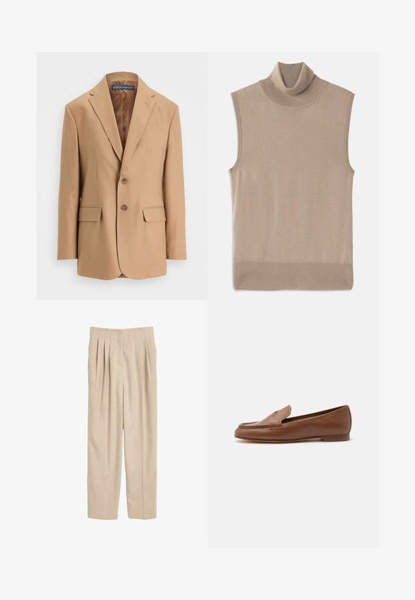 Tan blazer lavet af glat stof, med et enkeltknapsdesign, to frontlommer og to knapper. Notched revers og rene linjer.; Beige ærmeløs strikket turtleneck sweater med ribbet krave, ærmeåbninger og kant, lagt fladt på en hvid baggrund.; Beige plisserede bukser lavet af letvægtsstof. Har en lige pasform, taljebånd med syningsdetaljer og ingen synlige lommer.; Klassisk brun læderloafer med lav hæl og syninger på mokkatoen, vist i sideprofil på en hvid baggrund.