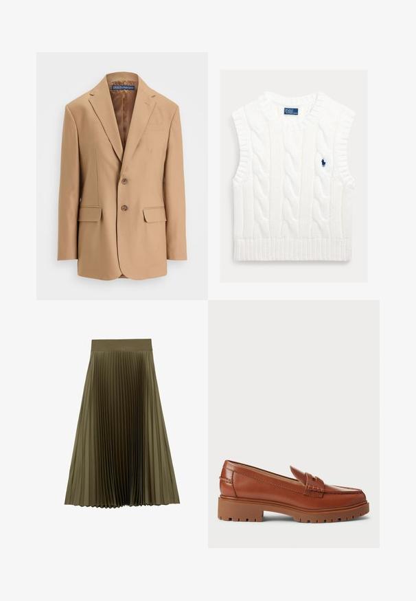 Tan blazer lavet af glat stof, med et enkeltknapsdesign, to frontlommer og to knapper. Notched revers og rene linjer.; Hvid ærmeløs kabelstrikket sweater med ribbet kant. Har en lille, broderet blå logo på brystet. Tekstureret, blødt stof.; Olivengrøn midi-nederdel med bredt linning og fine lodrette folder, udvidet ved kanten, på hvid baggrund.; Brune læder loafers med en moccasin-foddesign, synlig syning og en kraftig, tekstureret gummisål. Hardware i guldfarve som accent.