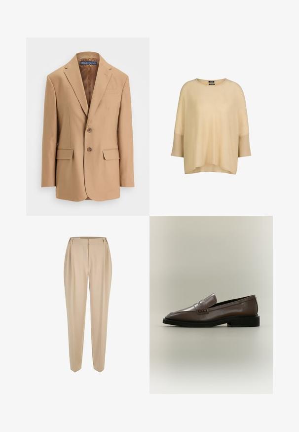 Tan blazer van gladde stof, met een eenknopsdesign, twee voorzakken en twee knopen. Met gegoten revers en strakke lijnen.; Beige gebreide trui met een losse pasvorm, ronde hals en brede halve mouwen met geribde boorden, getoond op een effen witte achtergrond.; Beige op maat gemaakte broeken met riemlussen, rechte pijpen en een verborgen voorknopen, gepresenteerd op een witte achtergrond.; Bruine leren instapschoen met zwarte zool en lage hak, met een banddetail over de bovenkant.