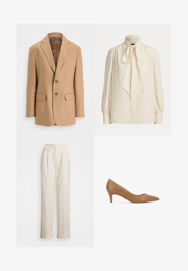 Tan blazer lavet af glat stof, med et enkeltknapsdesign, to frontlommer og to knapper. Notched revers og rene linjer.; Langærmet cremefarvet bluse med høj krave og en stor bundet sløjfe ved halsen, med rynkede skuldre og manchetærmer.; Cremefarvede bukser med en skræddersyet design, der har en plisseret front, to knapper i taljen og opfoldede kanter. Glat stofstruktur.; Brun læder højhælet pumpe med spids tå og lav hæl. Har en glat tekstur og en diskret gylden detalje på siden.