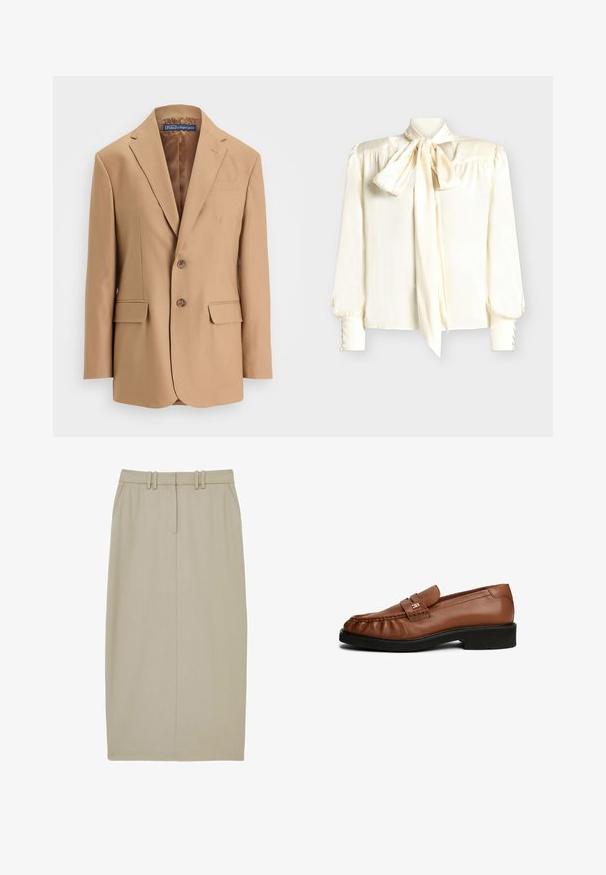 Tan blazer lavet af glat stof, med et enkeltknapsdesign, to frontlommer og to knapper. Notched revers og rene linjer.; Flødefarvet bluse med sløjfehals, lange ærmer med knapdetaljer ved manchetterne og en glat, skinnende tekstur.; Beige blyantskørt lavet af glat stof, med to forlommer, en enkelt midternaht og en talje med to vandrette bæltestropper.; Brune læderloafer med en glat overflade, rund tå, frontrem detalje og lav sort gummihæl.
