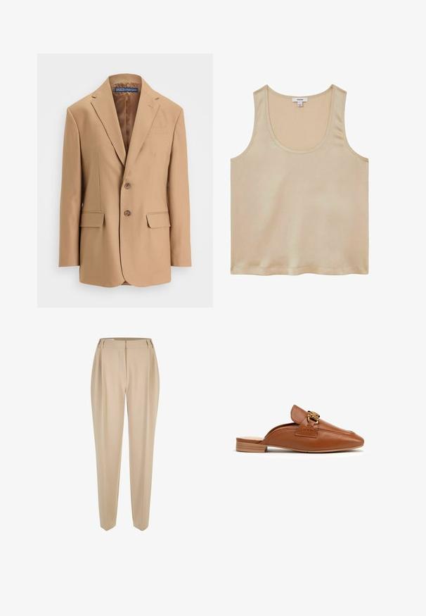 Tan blazer van gladde stof, met een eenknopsdesign, twee voorzakken en twee knopen. Met gegoten revers en strakke lijnen.; Reiss REGULAR FIT - Blouse - neutral; Beige op maat gemaakte broeken met riemlussen, rechte pijpen en een verborgen voorknopen, gepresenteerd op een witte achtergrond.; Bruine leren mules met een puntige neus, platte hak en een decoratief gouden accent aan de voorkant. Gladde textuur, minimalistisch ontwerp.