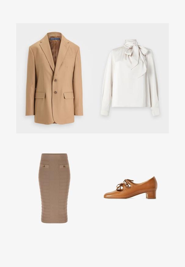 Tan blazer lavet af glat stof, med et enkeltknapsdesign, to frontlommer og to knapper. Notched revers og rene linjer.; Lys beige bluse med lange ærmer, høj krave og en stor sløjfe ved halsen. Glat tekstur og let løs pasform.; Beige ribbet blyantskørt med en tætsiddende silhuet, tekstureret mønster, to forlommer og guldknappedetaljer. Fremstillet af et strækbart materiale.; Brun lædersko med lav hæl, to sløjfebindte udskæringer på overlæderet, rundet tå og en blokhæl, vist i sideprofil på hvid baggrund.