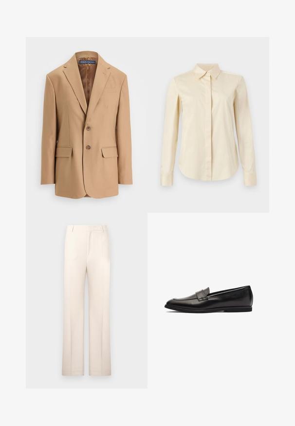 Tan blazer lavet af glat stof, med et enkeltknapsdesign, to frontlommer og to knapper. Notched revers og rene linjer.; Kremfarvet langærmet skjorte med knapper, spids krave og skjult knapstolpe, vist på en ensfarvet baggrund.; Beige skræddersyede bukser med lige ben, lavet af letvægtsstof. Har frontfolder og en klassisk talje.; Sort læder loafersko med en glat finish, rund tå og dobbelte syninger på overdelen. Flad gummisål for komfort.
