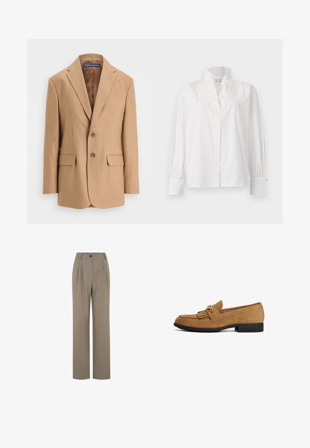 Tan blazer lavet af glat stof, med et enkeltknapsdesign, to frontlommer og to knapper. Notched revers og rene linjer.; Hvid bomuldsbluse med en flæsekrave, lange puffede ærmer og en knaplukning fortil med perleagtige knapper.; Beige skræddersyede bukser lavet af glat stof med en bred benudskæring, der har plisseringer, en central fold og en enkelt knaplukning.; Brun ruskindslipper med sort flad sål, med en kvastdetalje og guldbeslag foran; glat tekstur og rundet tådesign.