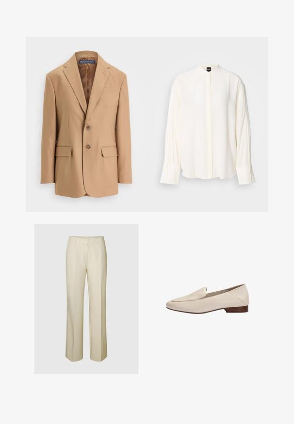 Tan blazer lavet af glat stof, med et enkeltknapsdesign, to frontlommer og to knapper. Notched revers og rene linjer.; Langærmet, cremefarvet bluse lavet af glat stof; mandarin-krave, forflap, knappede ærmekanter og en afslappet pasform.; Beige vide ben bukser med skræddersyet design, der har en glat front, sidelommer og et blødt, struktureret stof.; Beige læderloafer med lavt træhæl og afrundet firkantet tå, sidevisning mod hvid baggrund.