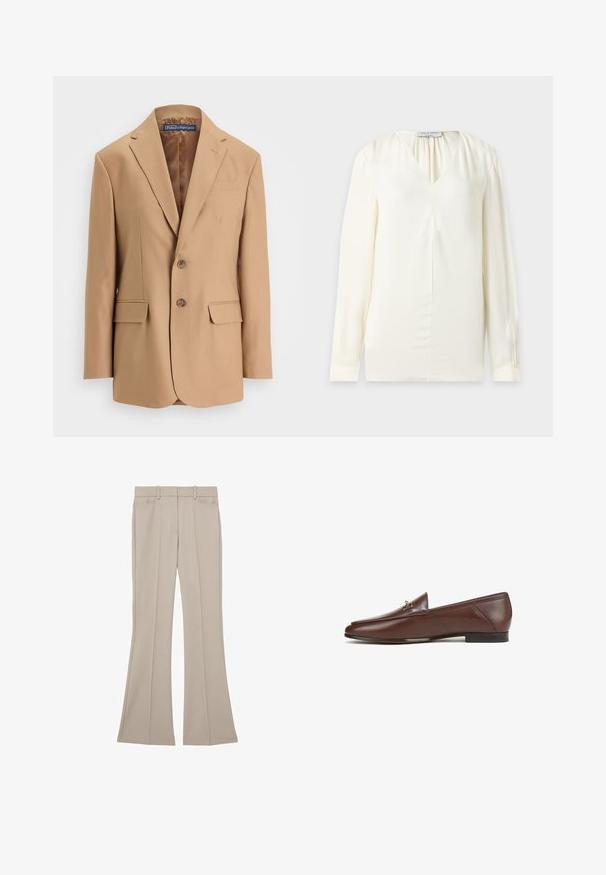 Tan blazer van gladde stof, met een eenknopsdesign, twee voorzakken en twee knopen. Met gegoten revers en strakke lijnen.; Een crèmekleurige blouse met lange mouwen, een V-hals en subtiele plooien bij de hals, getoond op een effen achtergrond.; Beige broek met rechte pijpen, voorplooien, riemlussen en zijzakken, plat uitgestald op een witte achtergrond.; Bruine leren instaplaars met een slank design, puntige neus en gouden accenten. Vlakke zool, gladde textuur, minimale details.