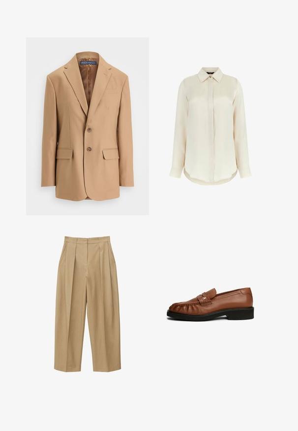 Tan blazer lavet af glat stof, med et enkeltknapsdesign, to frontlommer og to knapper. Notched revers og rene linjer.; MARCIANO BY GUESS Skjortebluser - creme; Beige bukser med høj talje og vide ben, forsynet med forblad, sidelommer og en tilpasset talje med bæltestropper.; Brune læderloafer med en glat overflade, rund tå, frontrem detalje og lav sort gummihæl.