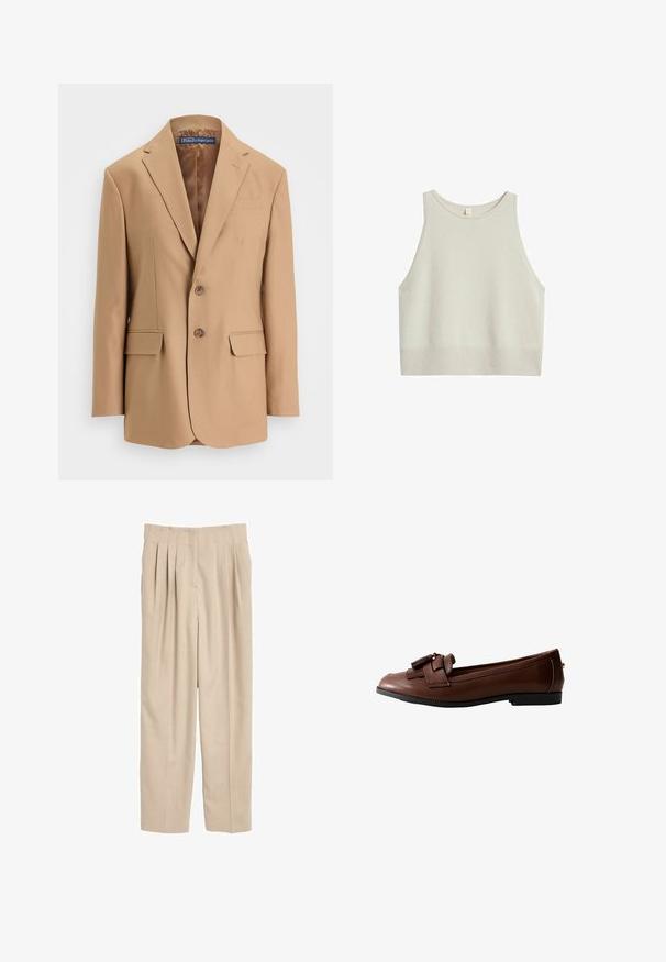 Tan blazer lavet af glat stof, med et enkeltknapsdesign, to frontlommer og to knapper. Notched revers og rene linjer.; Lysebeige cropped tanktop lavet af blødt materiale. Har rund hals, brede ærmegab og ribbet kant.; Beige plisserede bukser med en skræddersyet pasform, lavet af et glat stof, der har et klassisk taljebånd og lige ben.; Brun læder loafers med flad sål, detaljeret med en sløjfe og frynseaccent foran, med en glat tekstur og slank design.