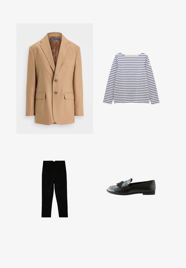 Tan blazer van gladde stof, met een eenknopsdesign, twee voorzakken en twee knopen. Met gegoten revers en strakke lijnen.; Witte shirt met lange mouwen met horizontale blauwe strepen en een klein rechthoekig label op de bovenste linker mouw.; Zwarte op maat gemaakte broek tot aan de enkel met zijzakken en een licht taps toelopende pijp, plat liggend op een witte achtergrond.; Zwarte leren loafer met tassels aan de voorkant, platte zool en decoratieve stiksels langs de zijkant.