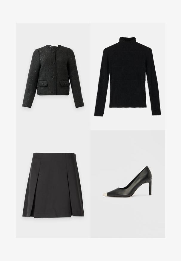 Sort tekstureret langærmet jakke med rund hals, frontknapper og to lommeflapper med knap.; Sort ribbet turtleneck sweater med lange ærmer og en tekstureret overflade. Fremstår med vandrette striber og en bølget kant ved ærmerne.; Sorth plisseret nederdel med en glat tekstur, skræddersyet form og en lige talje. Designet uden lukninger for en ren silhuet.; Sort læder højhælet sko med spids tå og metal-sølv hætte. Har en glat finish og en slank hæl på 10 cm.