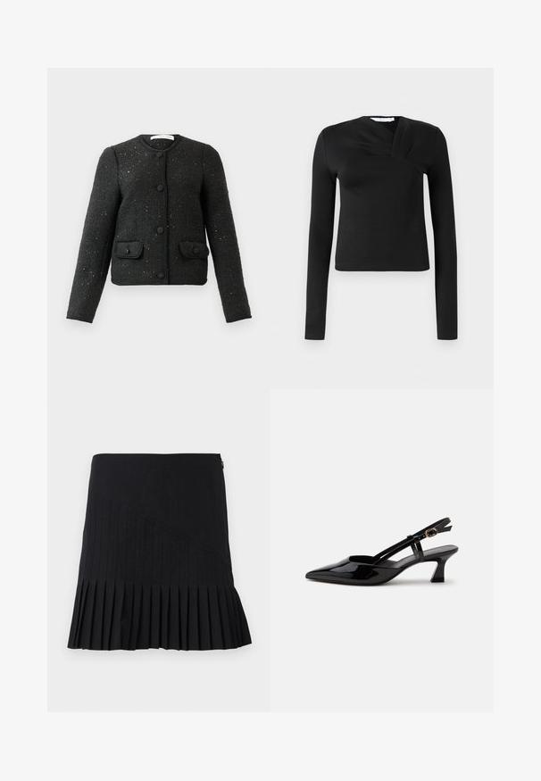 Sort tekstureret langærmet jakke med rund hals, frontknapper og to lommeflapper med knap.; Sort langærmet top med en omslagsdesign, lavet af glat stof. Har en cropped længde og en V-formet udskæring. Ingen mønstre eller accenter.; Sort plisseret nederdel med sydde diagonale paneler, en tætsiddende talje og en udskåret nederste kant. Materialerne fremstår lette og glatte.; Sort laklæderslingback med lille hæl, spids tå og justerbar guldlåsrem på hvid baggrund.