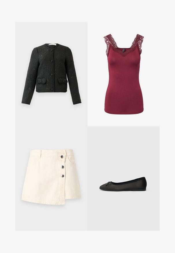Chaqueta larga de manga larga negra texturizada con cuello redondo, botones en la parte delantera y dos bolsillos con solapa abotonados.; Camiseta de tirantes burdeos sin mangas con ribete de encaje en el escote y los hombros, corte entallado, sin patrones ni botones visibles.; Minifalda vaquera color crema con cierre asimétrico de botones, trabillas para cinturón y bolsillos frontales.; Bailarinas negras con acabado mate suave, puntera redondeada y un lazo decorativo en la parte delantera. Presentan un tacón bajo y plano.