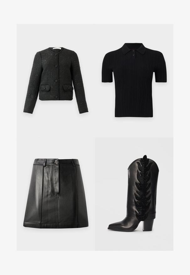 Chaqueta larga de manga larga negra texturizada con cuello redondo, botones en la parte delantera y dos bolsillos con solapa abotonados.; Polo negro con mangas cortas acanaladas, dos botones y cuello plano, presentado sobre un fondo neutro.; Falda de cuero negro con una forma estructurada, que cuenta con un bolsillo frontal y un accesorio metálico en la cintura. Textura suave y detalles de costura.; Bota vaquera de cuero negro con puntera afilada, decorada con un patrón de hojas en cristales negros en el caña. Tacón grueso y cuadrado.